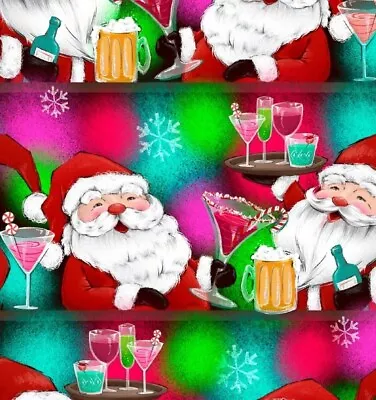 $12.99 • Buy 3 Wishes- Christmas Santa Cheers Quilting & Crafting Fabric With Santa And Wine