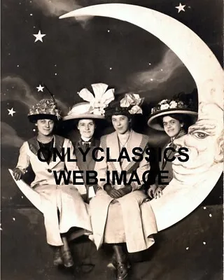 1915 WOMEN Fancy Hats On Paper Moon STUDIO Amusement PHOTO VICTORIAN AMERICANA • $14.41