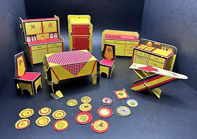 Vintage Built-Rite Cardboard Doll House Kitchen Furniture Red Yellow • $49.99
