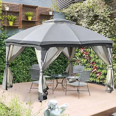 4x3m Metal Gazebo Canopy & Netting Sidewalls & Double Tiered Roof Grey • £265.99