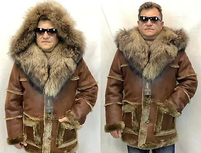 WHISKEY REAL SHEEPSKIN SHEARLING LEATHER REAL RACCOON MARLBORO TRENCH Coat S-8XL • $675