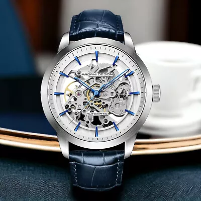 Mens Skeleton Watch PD-1638 Automatic Watches Silver Blue Details Leather Gift • £59.99