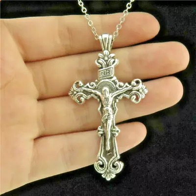 Large JESUS CRUCIFIX CROSS Pendant 18  Sterling Silver 925 Necklace Chain Men • $13.99