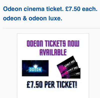 Odeon Cinema Ticket. £7 Each. Odeon & Odeon Luxe. 3D/Isense. **REDUCED** • £7