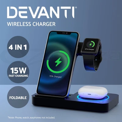 $28.95 • Buy Devanti 4-in-1 Wireless Charger Dock Fast Charging For Apple IWatch Airpod Black