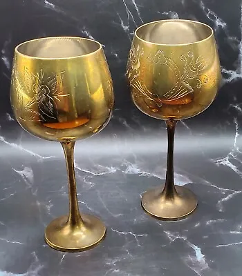 Vintage Set Of 2 Solid Brass Etched Wine Goblets Made In India • $42