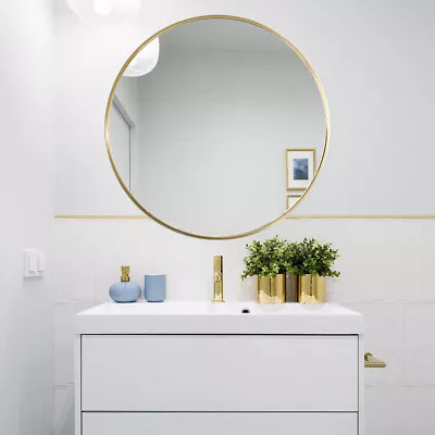 40cm Glass Wall Mounted Vanity Mirror Industrial Gold Round Frame Home Bathroom • £16.95