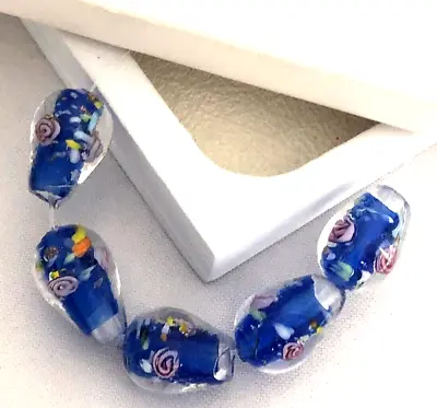 Glass Millefiori Flower Beads-16 Mm Blue Beading For Crafts And Jewellery Making • £2.50