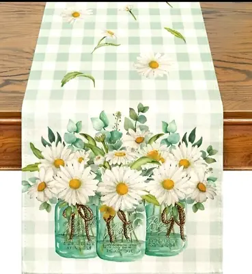 Daisies Table Runner Spring In Green Mason Jars 13” X 72” Farmhouse Check • $16.99