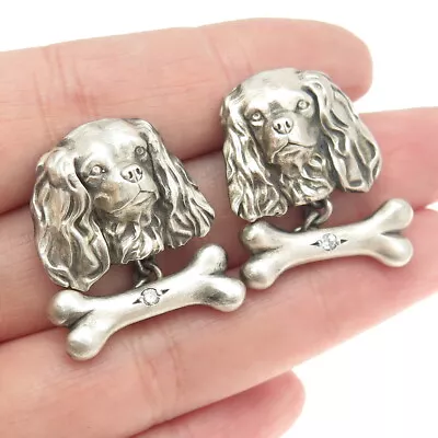 925 Sterling Silver Vintage Real Round-Cut Diamond Cocker Spaniel Dog Cufflinks • $159.95