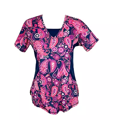 UA Scrubs Shirt Women Small Pink Blue Short Sleeve Medical Hospital Clinic  • $7.50