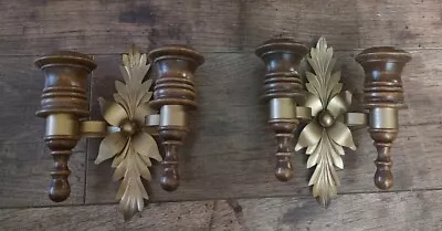  Homco Double Wall Sconce Candle Holder Home Interior Wood & Gold Metal Set Of 2 • £19.27