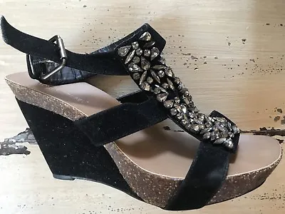 New London Rebel Black Suede DiamantÉ Wedge Sandals Shoes Uk 7 Eu40 • £30