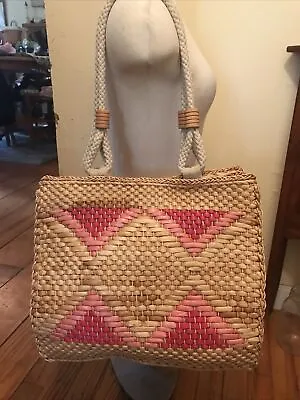 Vintage Magid Italian Straw Wicker Handbag Shopper Tote Beach Pinks & Browns • $48