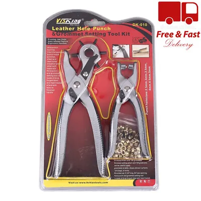 Revolving Leather Hole Punch Set Tool Pliers Belt Puncher Kit + 100pc Eyelets UK • £7.99