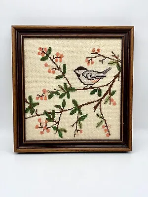 Vintage Framed Needlepoint Bluebird Branch Simple Cottage Woodland Flower Tree • $22