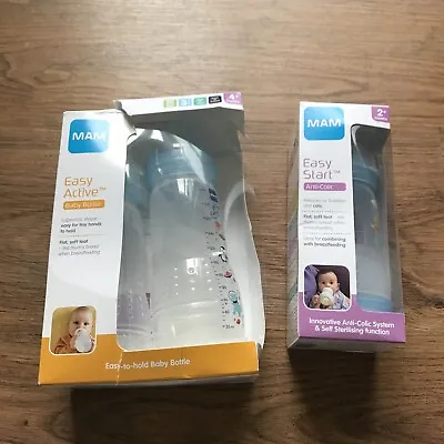 3 MAM Baby Bottles Fast Flow Teats Twin Pack 330 Ml & LookEasy Start Anti-Colic • £23.50