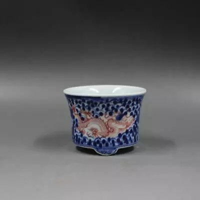 Chinese Blue And White Porcelain Qing Jiaqing Red Dragon Flowerpot Pot 3.6 Inch • $29.99