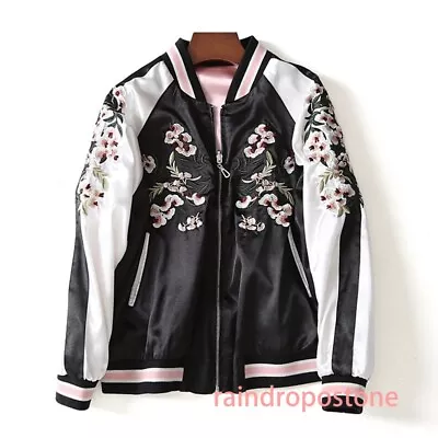 Japanese Women Embroidery Baseball Jacket Reversible Sukajan Satin Coats • $64.21
