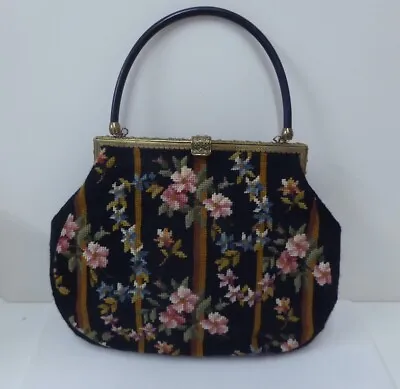 Large 1950s Needle Point Handbag Floral Front & Back Gold Filigree Frame& Clasp • $55