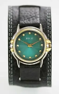 Relic Watch Mens Stainless Silver Gold Water Resist Black Leather Green Quartz • $29.93