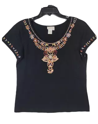 Monroe & Main Women's Black Short Sleeves Top Blouse Size Small Beaded • $2.98