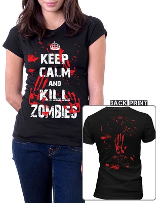 NEW Keep Calm And Kill Zombies Bloody Handprint Zombie Costume Girls T-Shirt Top • £13.99