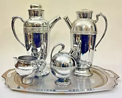 Rare 5 Piece Mid Century Modern Art Deco Chrome Coffee Tea Service & Undertray • $135.99