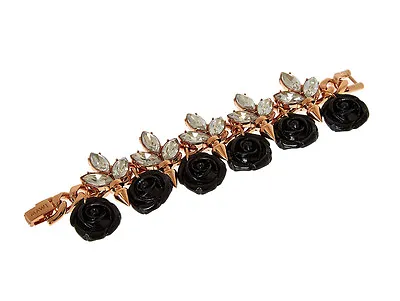 MAWI LONDON Black Roses And Swarovski Crystals Gold Plated Bracelet BNIB • $361.05