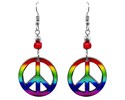 Rainbow Peace Sign Earrings Hippie Symbol Dangles Retro Fashion Handmade Jewelry • $13.99