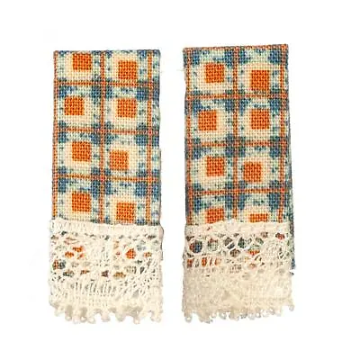 Dolls House Tea Towels Blue Tan Country Check Cream Lace Edge Kitchen Accessory • £3.60