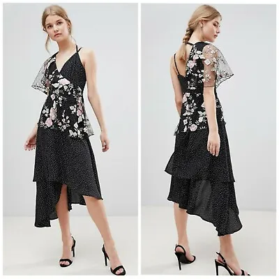 £17.99 • Buy ASOS Black Mix Spotted & Floral Lace Asymmetric Cami Midi Cocktail Dress UK 10