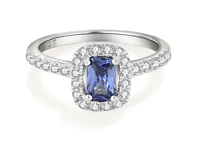 925 Sterling Silver Tanzanite CZ Cluster Emerald Cut Ring Size J To S • £16.95