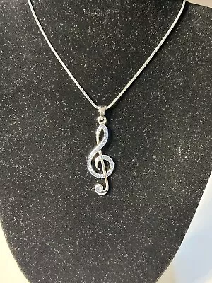 Fine Silver Toned Chain With Musical Note Pendant Embellished Blue Rhinestones • $10