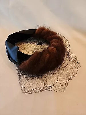 Vintage Women’s Brown Fur Fascinator Hat With Black Toned Bow And Face Net  • $19.95