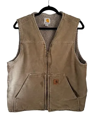 Vintage Carhartt Workwear Shearling Line Vest Adult M Olive Tan Brown Distressed • $59.99