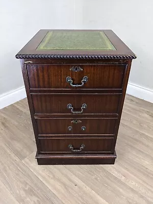 CABINET Mahogany Antique Style Green Leather Top 2 Drawer Filing Cabinet • £65