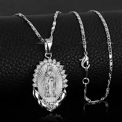 925 Sterling Silver Catholic Saint Virgin Mary New White Topaz Pendant Necklace • $19.74