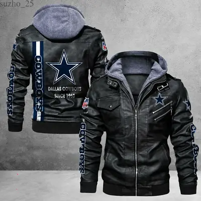 Dallas Cowboys Men Leather Jacket Vintage Bomber Jacket Warm Hooded Coat Outwear • $90.24