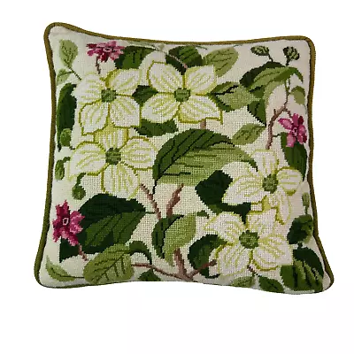 Vtg Square Throw Pillow Petit Point Cross Stitch Needlepoint Floral Green 13X13 • $58.87