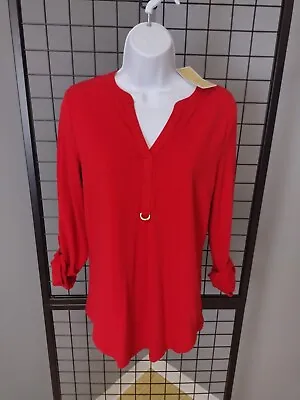 Michael Kors Logo Top  Woman's Size Medium Roll Tab Red Long Sleeve Shirt  • $19.99