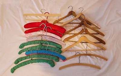 Vintage Lot Of Cloth Covered & Wooden Hangers 17 Hangers Some Crochet By Hand • $32.25