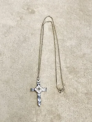 Vintage Lords Prayer Cross Pendant Necklace 19  Sterling Silver Chain Crystal • $50.99