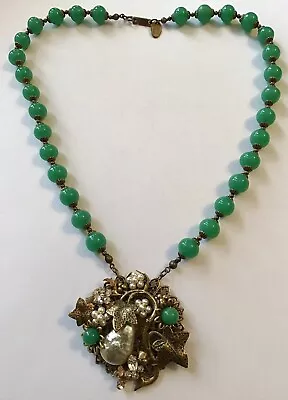 Vintage Miriam Haskell Signed Green Bead And Green Bead Pendant Necklace • $269