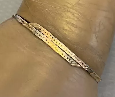 Vintage 14K Italy Yellow And Rose Gold Bracelet Herringbone Mesh Bypass 7  Chain • $199