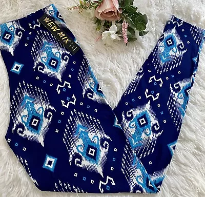 NEW Womens Buttery Soft Blue Aztec Tribal Floral Print Leggings ONE SIZE OS 0-10 • $9.95