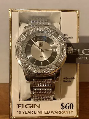 NEW 46mm Mens Elgin Luxury Date Metal Bracelet Bling Crystal Watch Silver Color! • $38.24