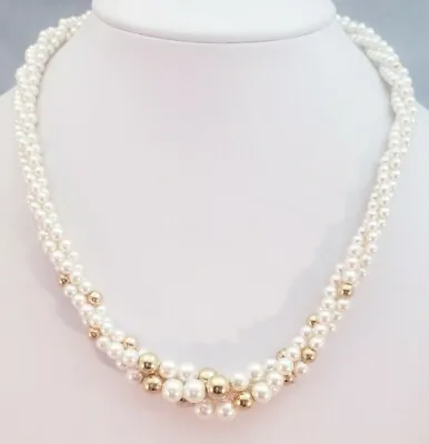 Signed Napier Faux Pearl Beaded Gold Tone Twist Vintage Thick Strand Necklace • $14