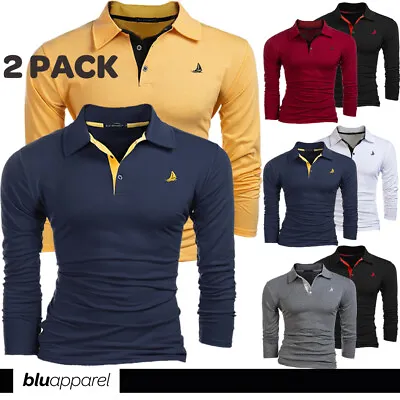 2 Pack Mens Polo Shirts Long Sleeve Multipack Golf Polo For Men T-Shirt UK Grey • £22.99