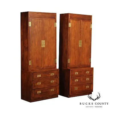 Henredon 'Scene One' Campaign Style Pair Of Oak Armoires • $2495